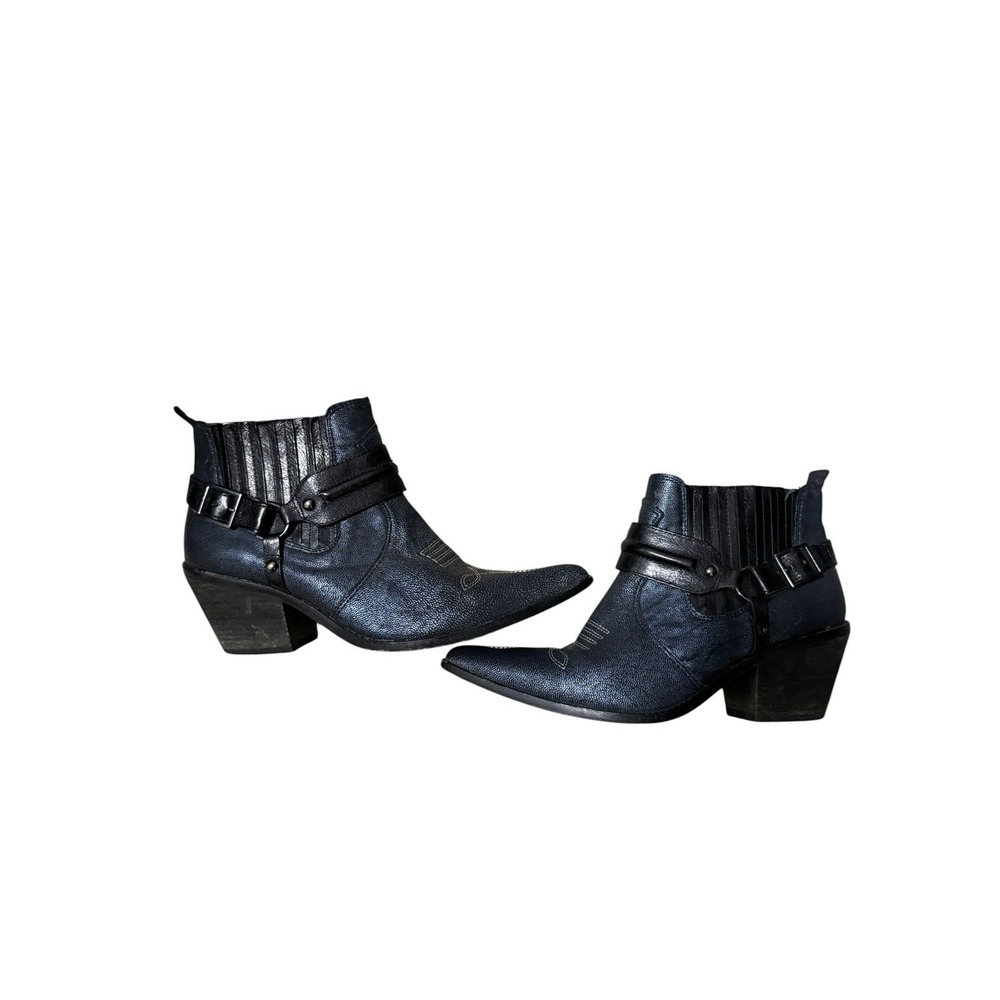 RARE Donald J Pilner Navy Leather Western Ankle Harness Booties Suni Size 8M